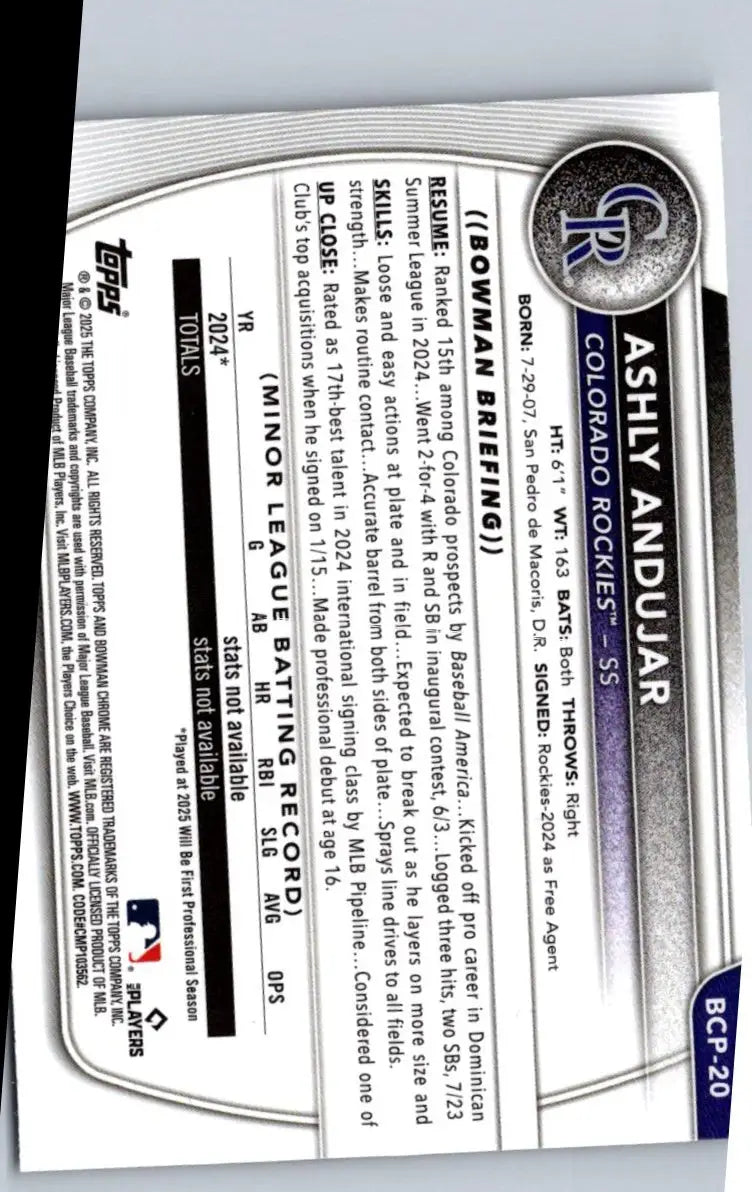 Ashly Andujar Chrome baseball card from 2025 Bowman Chrome Prospects Mojo Refractor
