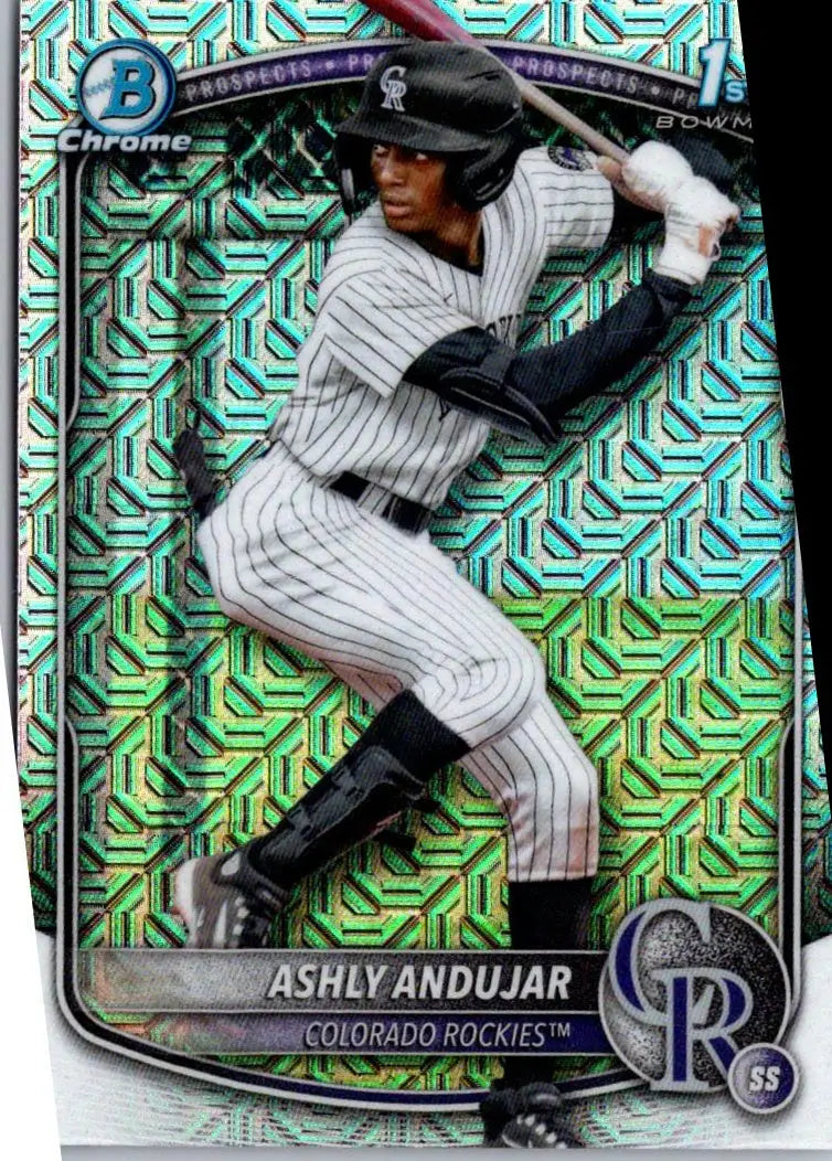 Ashly Andujar baseball card from 2025 Bowman Chrome Prospects Mojo Refractor