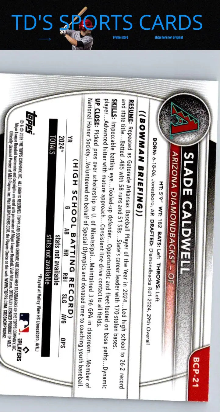 Baseball card back of 2025 Bowman Slade Caldwell Chrome Prospects Mojo Refractor