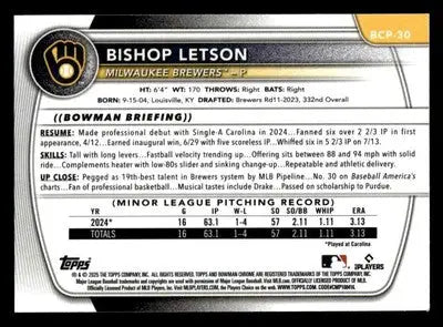 2025 Bowman #BCP-30 Bishop Letson Chrome Prospects - Baseball Card Single