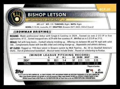 2025 Bowman #BCP-30 Bishop Letson Chrome Prospects - Baseball Card Single