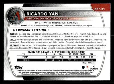 2025 Bowman #BCP-31 Ricardo Yan Chrome Prospects - Baseball Card Single