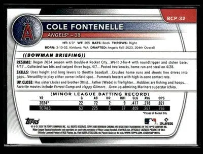 2025 Bowman #BCP-32 Cole Fontenelle Chrome Prospects Reptilian Refractor - Baseball Card Single