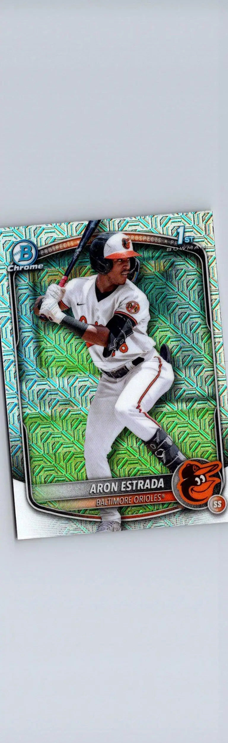 Baseball card featuring Aron Estrada in action from 2025 Bowman Chrome Prospects Mojo Refractor