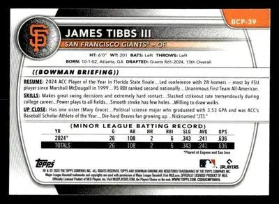 2025 Bowman #BCP-39 James Tibbs III Chrome Prospects - Baseball Card Single