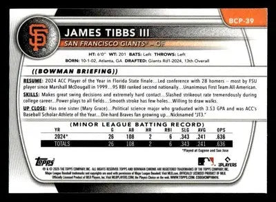 2025 Bowman #BCP-39 James Tibbs III Chrome Prospects - Baseball Card Single