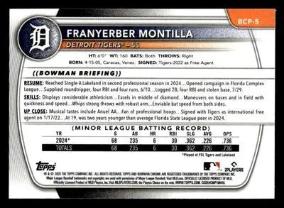 2025 Bowman #BCP-5 Franyerber Montilla Chrome Prospects - Baseball Card Single