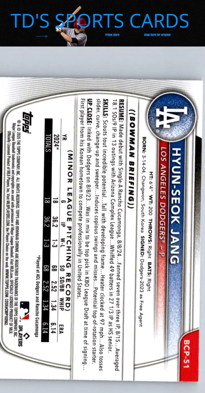 Hyun-Seok Jang baseball card from 2025 Bowman Chrome Prospects Mojo Refractor