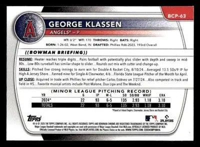 2025 Bowman #BCP-63 George Klassen Chrome Prospects - Baseball Card Single