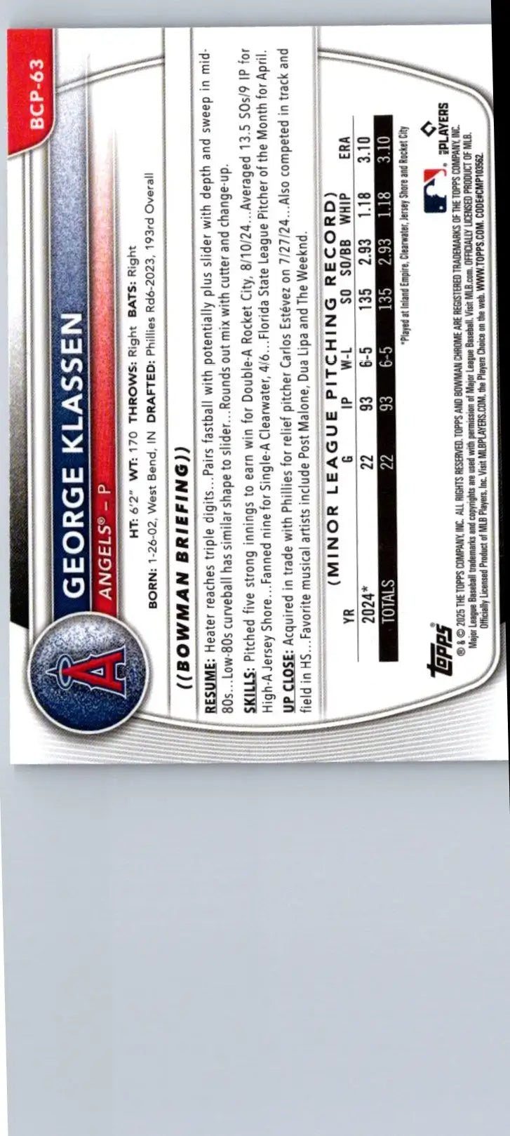 2025 Bowman George Klassen Chrome Prospects Mojo Refractor baseball card front view