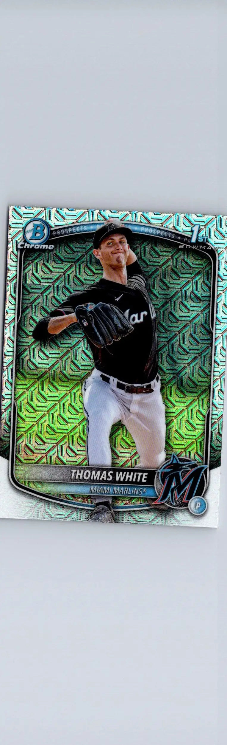 Thomas White Chrome baseball card from 2025 Bowman prospects set featuring Mojo Refractor