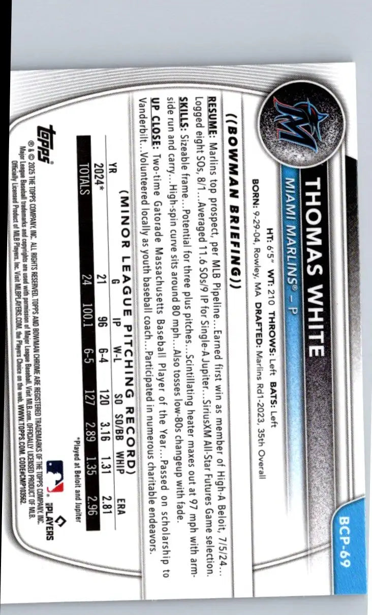 Baseball card back for 2025 Bowman Thomas White Chrome Prospects Mojo Refractor