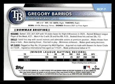 2025 Bowman #BCP-7 Gregory Barrios Chrome Prospects - Baseball Card Single