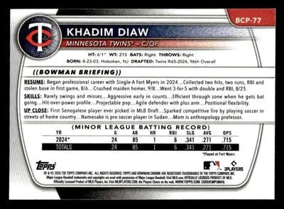 2025 Bowman #BCP-77 Khadim Diaw Chrome Prospects - Baseball Card Single