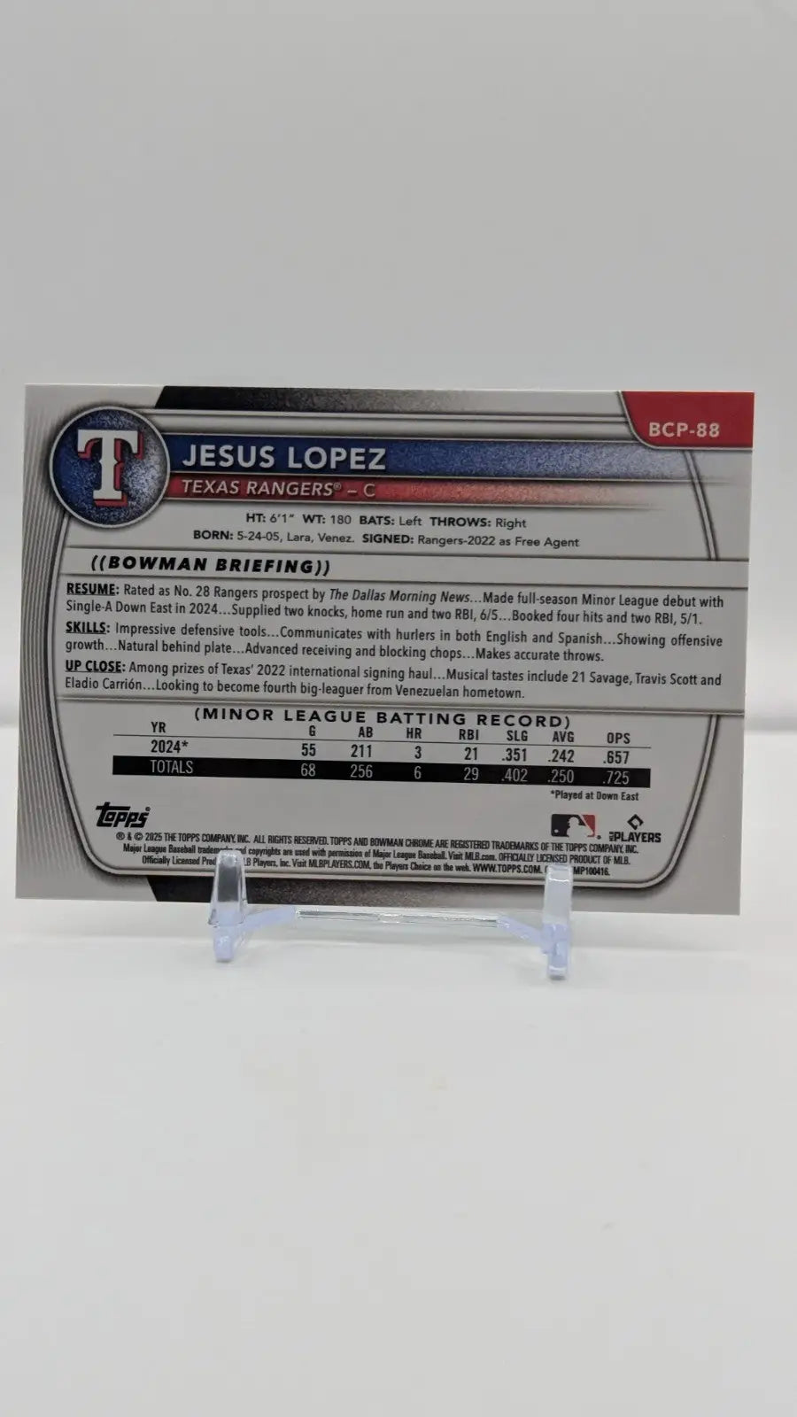 2025 Bowman #BCP-88 JESUS LOPEZ 1ST CHROME RC ROOKIE RANGERS #BCP-88 - Baseball Card Single