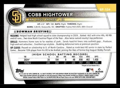 2025 Bowman #BP-104 Cobb Hightower Prospects - Baseball Card Single