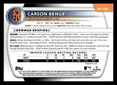 2025 Bowman #BP-108 Carson Benge Prospects - Baseball Card Single