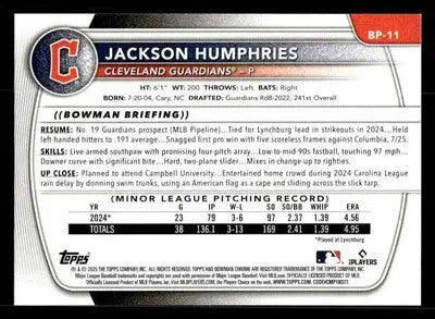 2025 Bowman #BP-11 Jackson Humphries Prospects - Baseball Card Single
