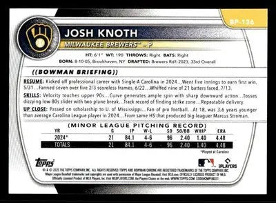2025 Bowman #BP-136 Josh Knoth Prospects - Baseball Card Single
