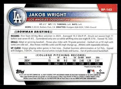 2025 Bowman #BP-143 Jakob Wright Prospects - Baseball Card Single