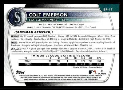 2025 Bowman #BP-17 Colt Emerson Prospects - Baseball Card Single