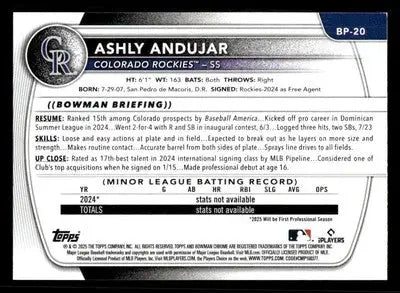 2025 Bowman #BP-20 Ashly Andujar Prospects - Baseball Card Single