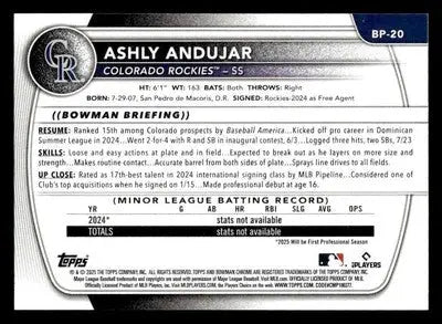 2025 Bowman #BP-20 Ashly Andujar Prospects - Baseball Card Single