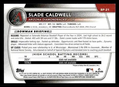 2025 Bowman #BP-21 Slade Caldwell Prospects - Baseball Card Single