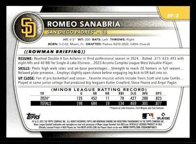 2025 Bowman #BP-3 Romeo Sanabria Prospects - Baseball Card Single