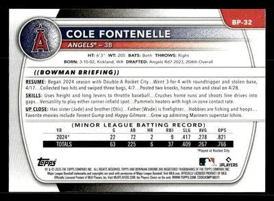 2025 Bowman #BP-32 Cole Fontenelle Prospects - Baseball Card Single
