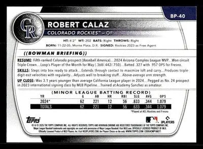2025 Bowman #BP-40 Robert Calaz Prospects - Baseball Card Single