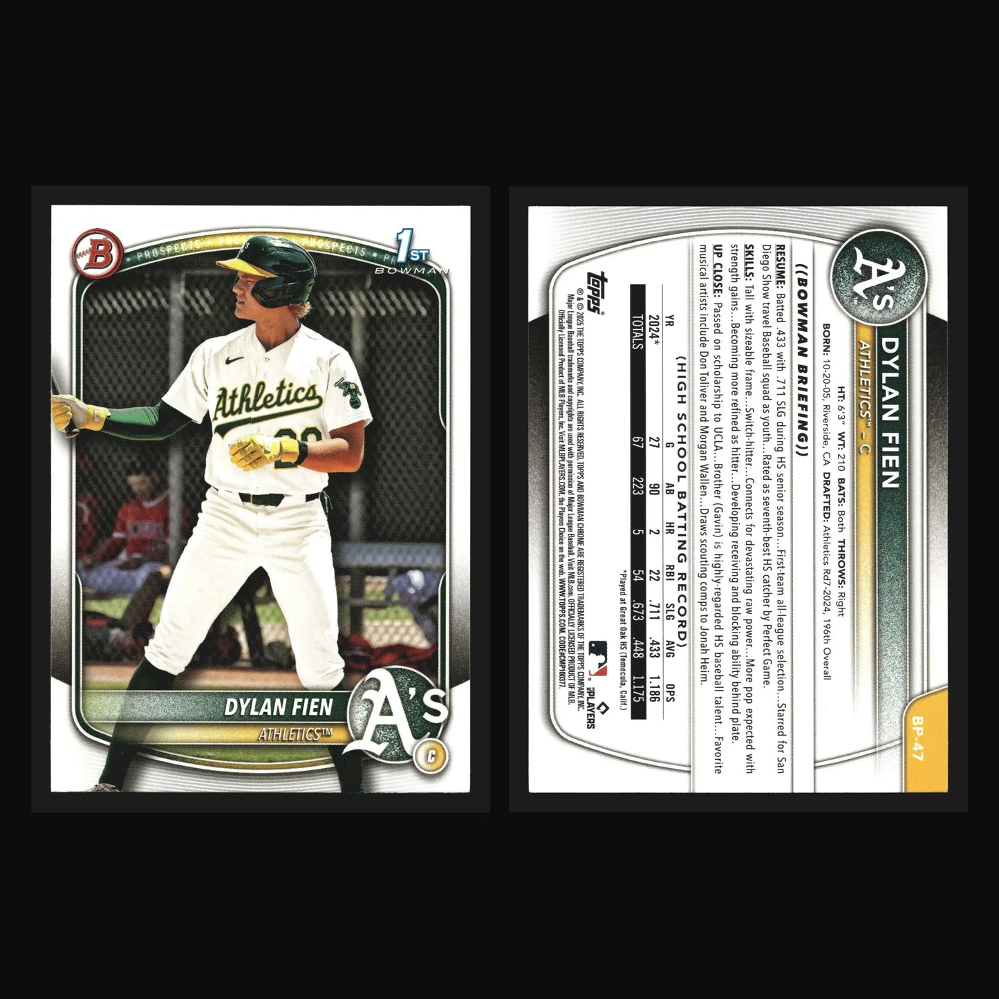 2025 Bowman #BP-47 Dylan Fien Athletics 1st Bowman - Baseball Card Single