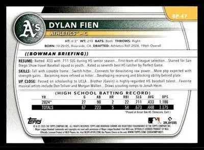 2025 Bowman #BP-47 Dylan Fien Prospects - Baseball Card Single
