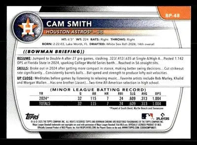 2025 Bowman #BP-48 Cam Smith Prospects - Baseball Card Single