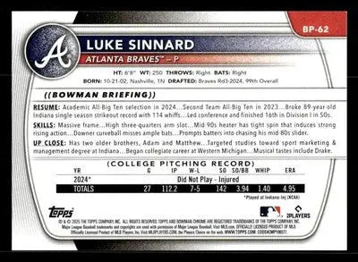 2025 Bowman #BP-62 Luke Sinnard Prospects - Baseball Card Single
