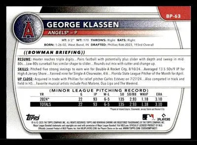 2025 Bowman #BP-63 George Klassen Prospects - Baseball Card Single