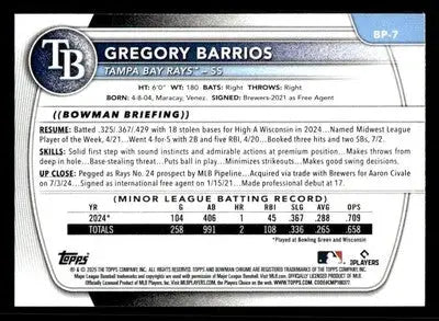 2025 Bowman #BP-7 Gregory Barrios Prospects - Baseball Card Single