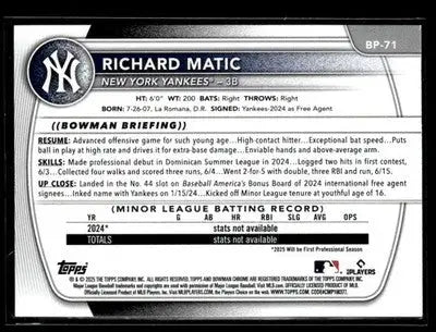 2025 Bowman #BP-71 Richard Matic Pink #134/175 - Baseball Card Single