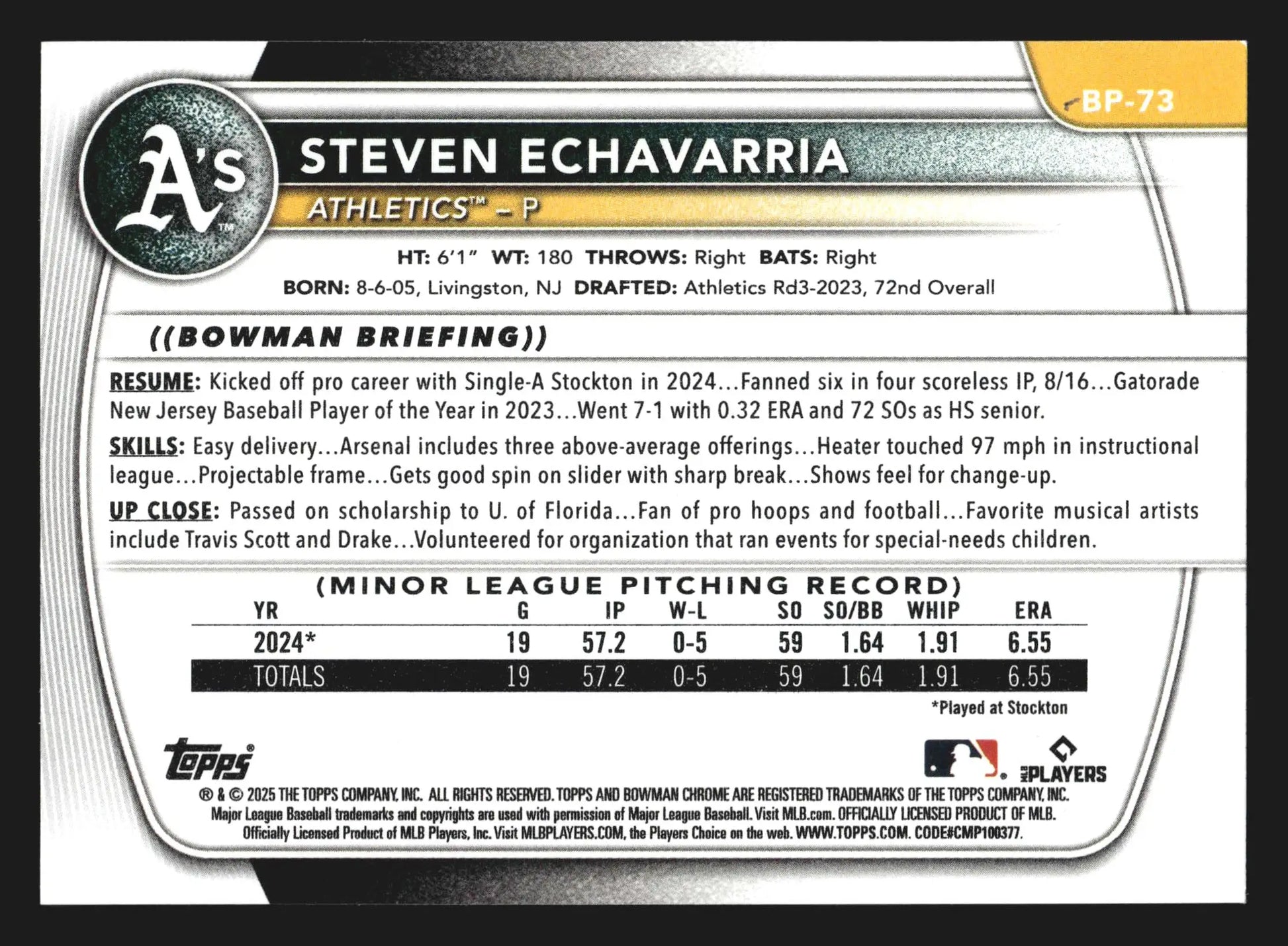 2025 Bowman #BP-73 Steven Echavarria Athletics 1st Bowman - Baseball Card Single
