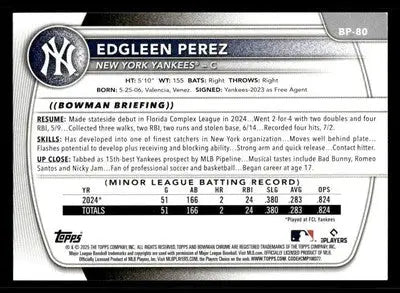 2025 Bowman #BP-80 Edgleen Perez Prospects - Baseball Card Single