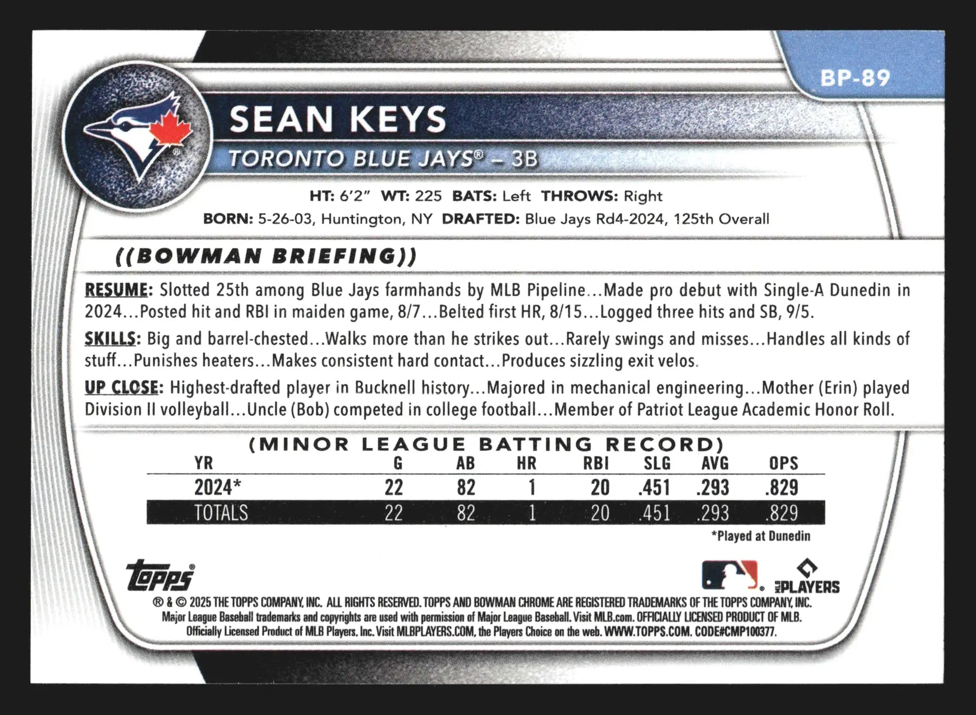 2025 Bowman #BP-89 Sean Keys 1st Bowman Toronto Blue Jays - Baseball Card Single