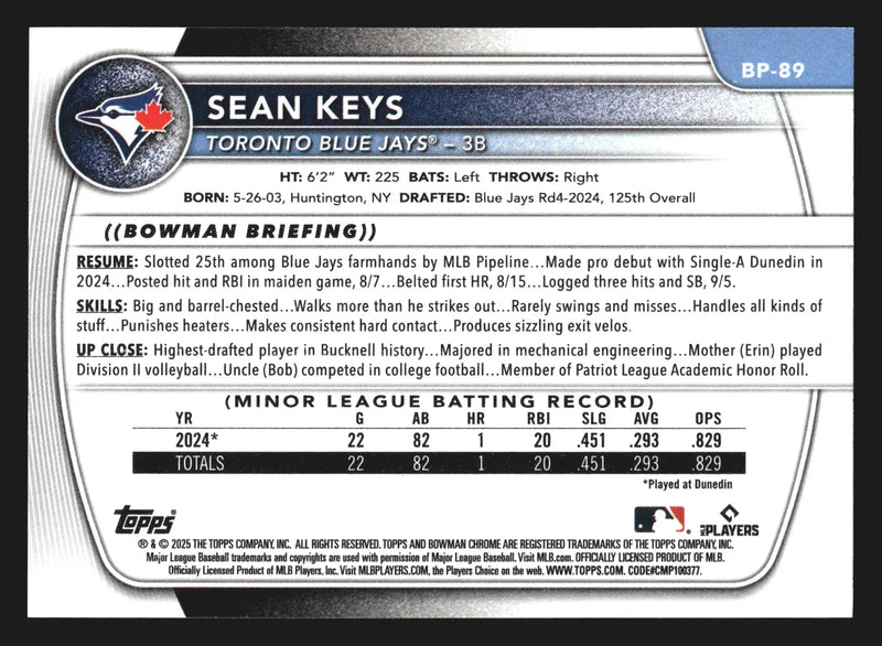 2025 Bowman #BP-89 Sean Keys 1st Bowman Toronto Blue Jays - Baseball Card Single