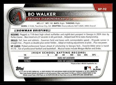 2025 Bowman #BP-92 Bo Walker Prospects - Baseball Card Single