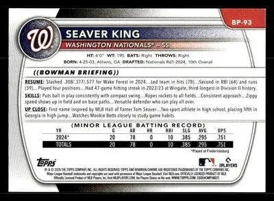 2025 Bowman #BP-93 Seaver King Prospects - Baseball Card Single