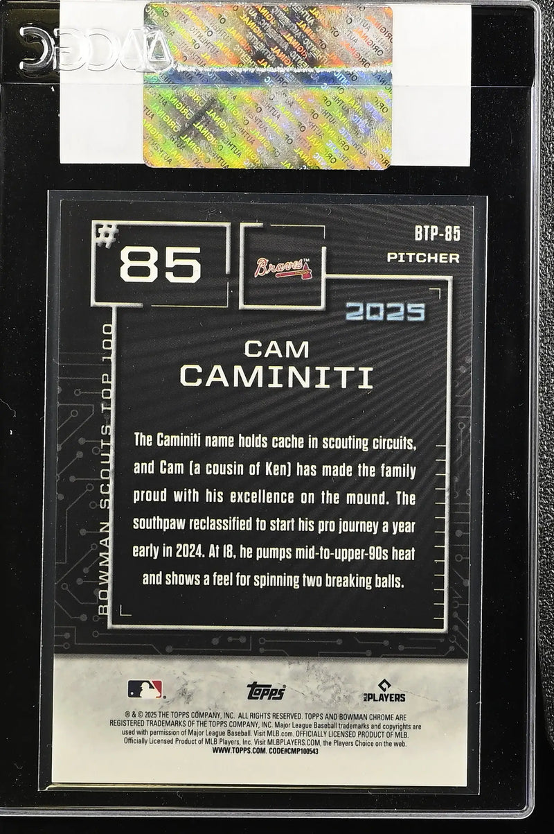 2025 Bowman #BTP-85 Cam Caminiti Scouts Top 100 CGC Authentic #/50