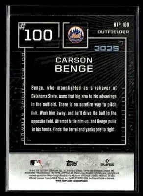 2025 Bowman Carson Benge #BTP-100 Bowman Scouts Top 100 New York Mets - Baseball Card Single