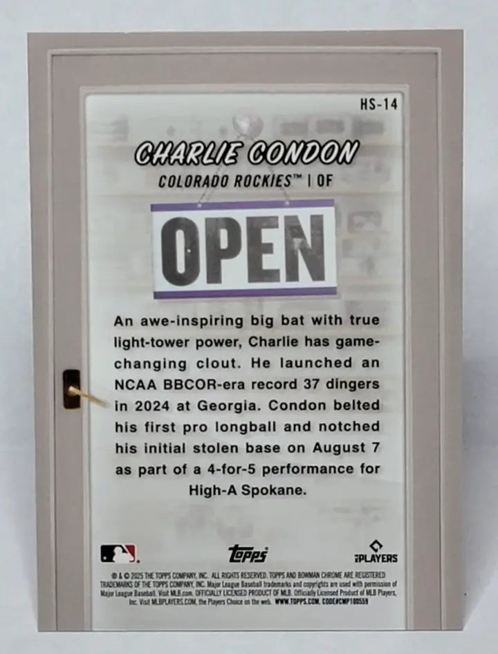 2025 Bowman Charlie Condon Hobby Stars baseball card displayed in Charlie Condon Hobby product