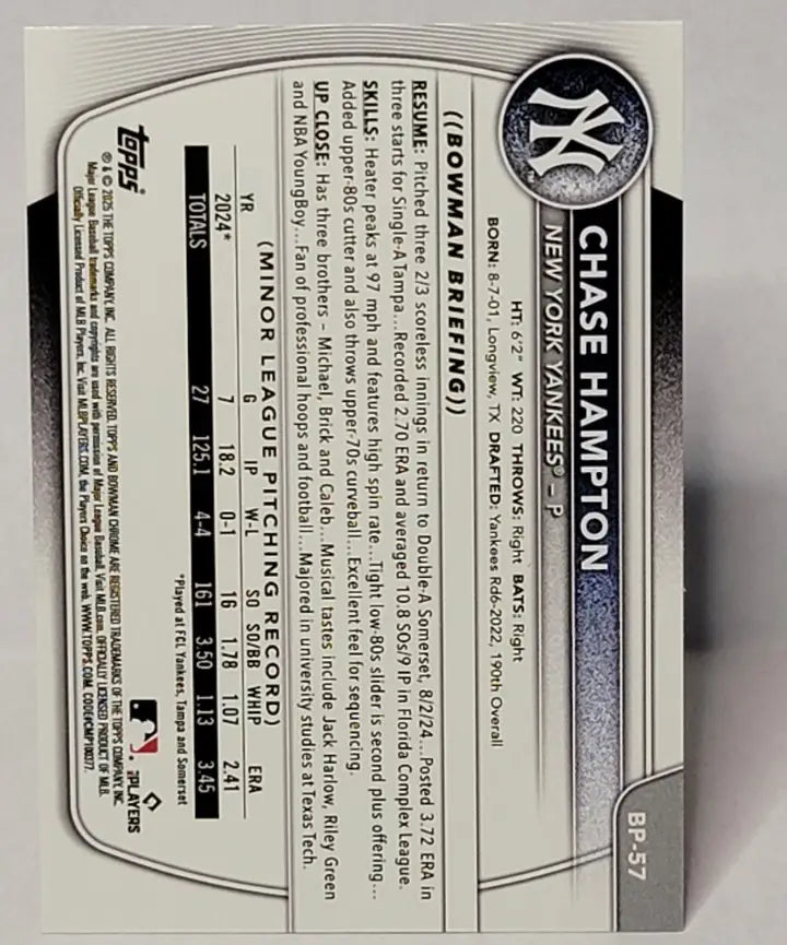 2025 Bowman Chase Hampton 1st Bowman Purple Paper /250 No. BCP-57 - Baseball Card Single