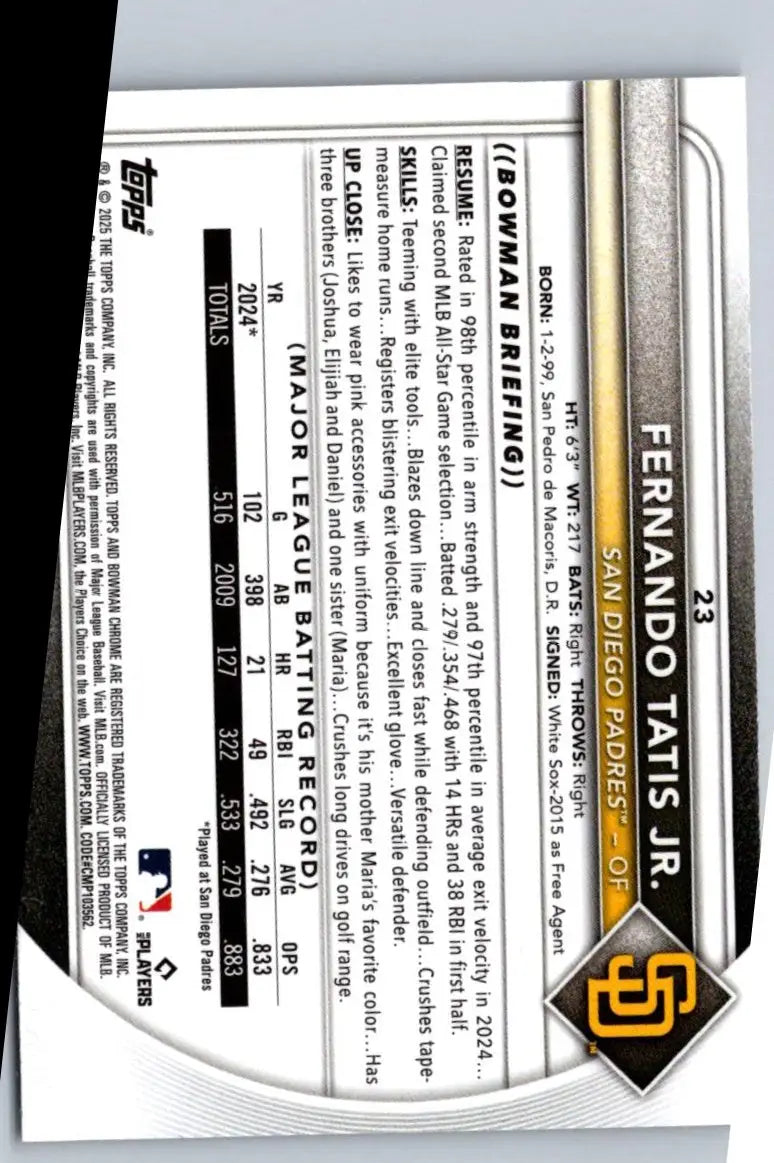 Fernando Tatis Jr baseball card from 2025 Bowman Chrome Mojo Refractor product