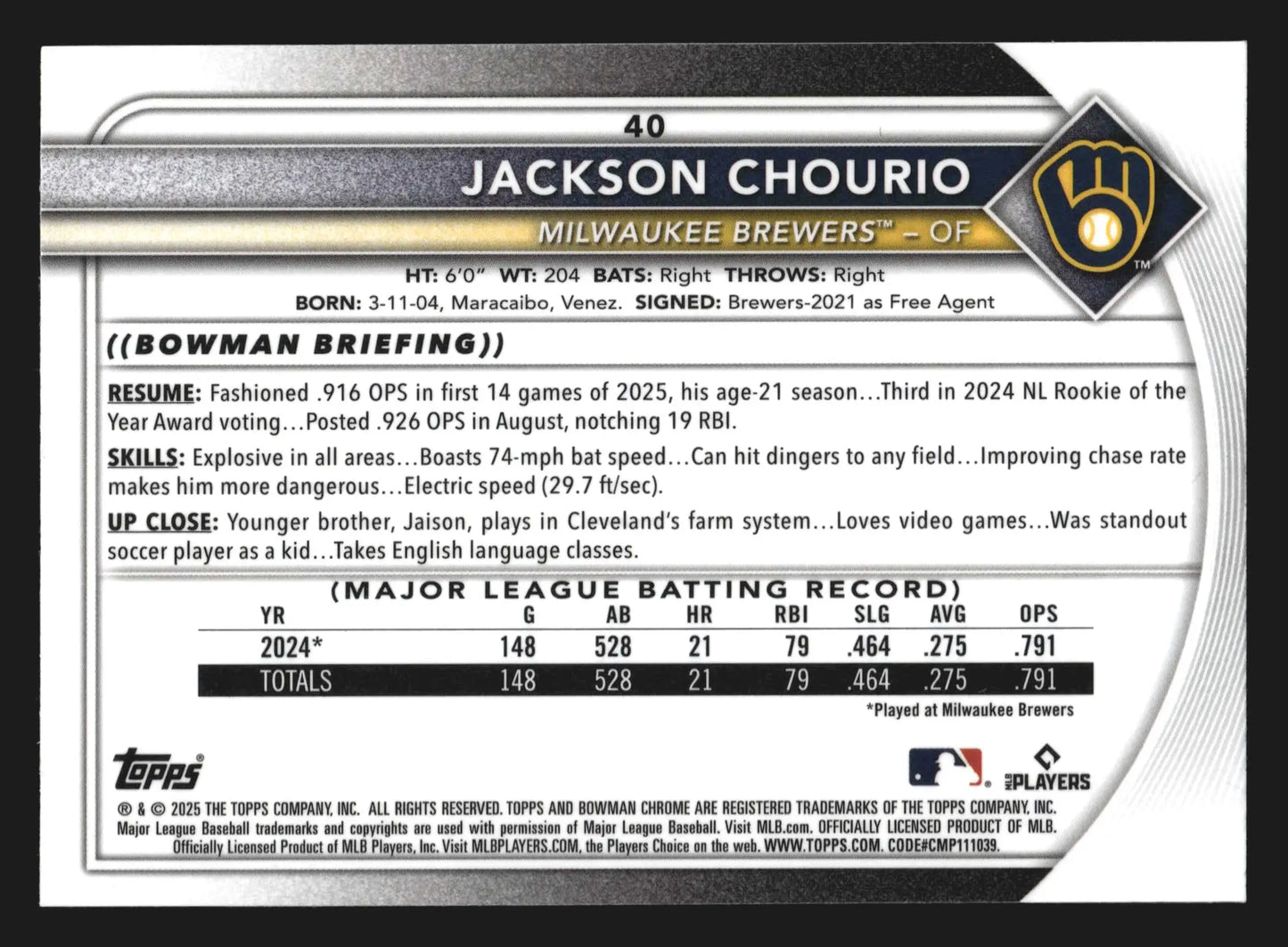 2025 Bowman Chrome #40 Jackson Chourio Mega Box Mojo Refractor Milwaukee Brewers - Baseball Card Single